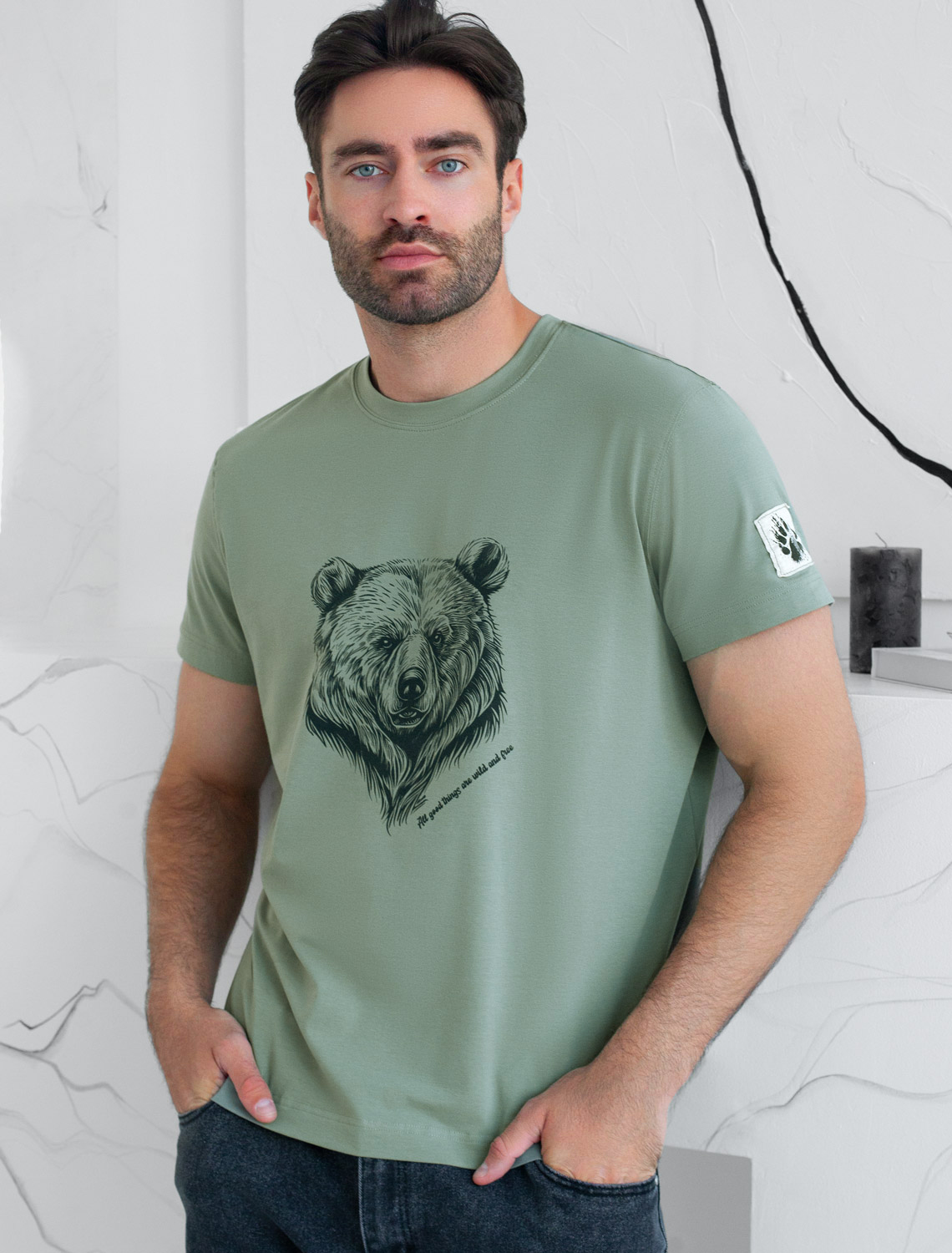 картинка Футболка мужская св.оливковый_медведь магазин Одежда+ являющийся официальным дистрибьютором в России 