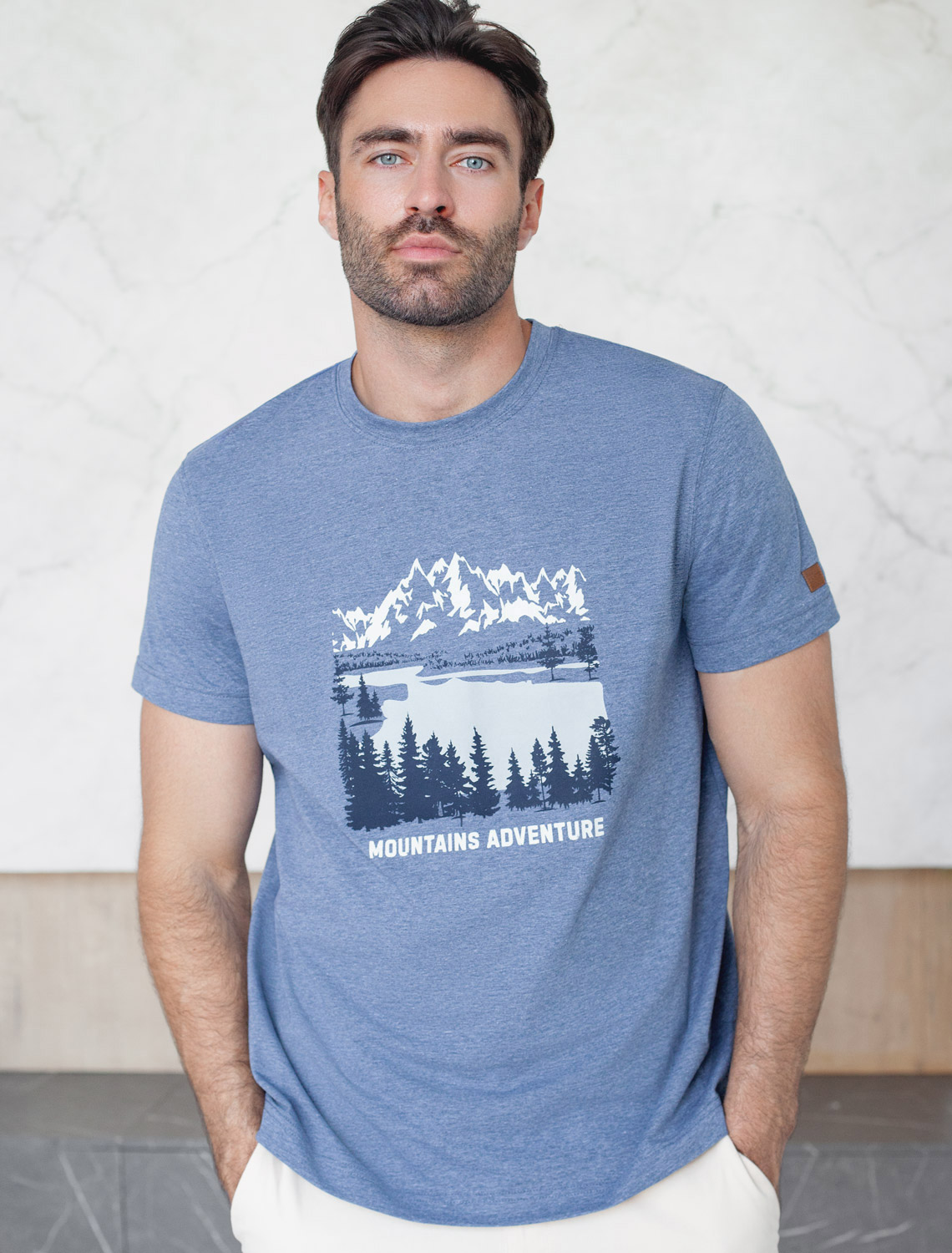 картинка Футболка мужская синий меланж_mountains adventure магазин Одежда+ являющийся официальным дистрибьютором в России 