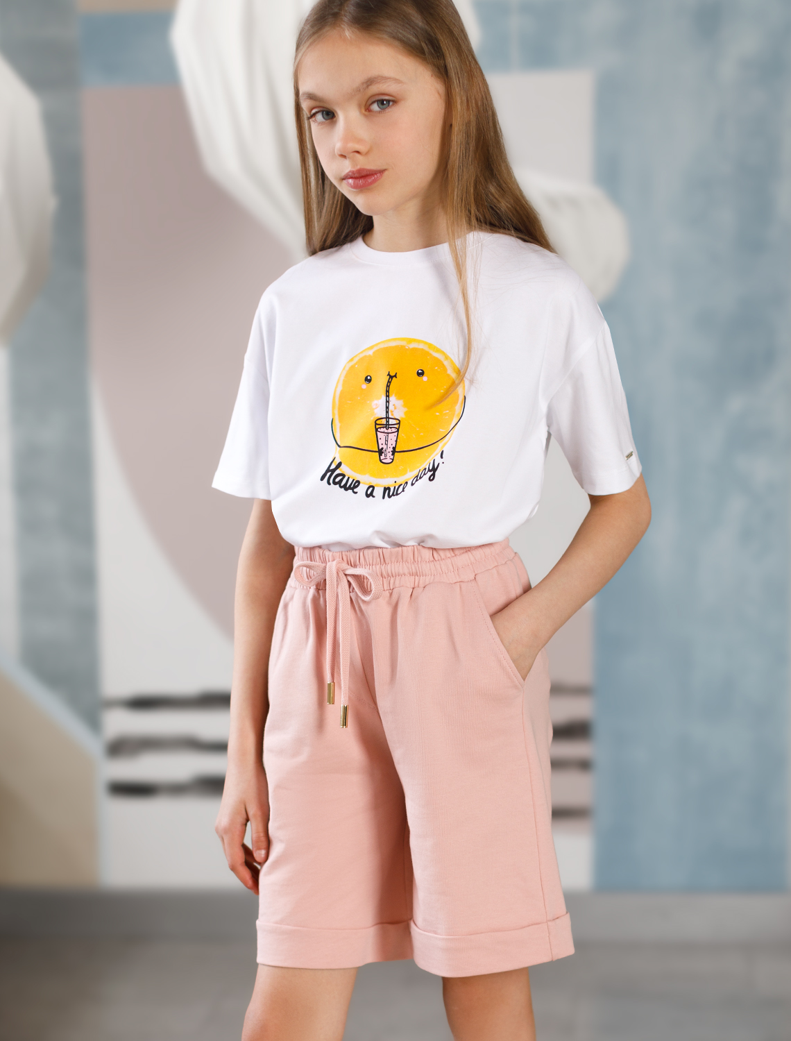 картинка Шорты трик для девочки пудровый магазин Одежда+ являющийся официальным дистрибьютором в России 